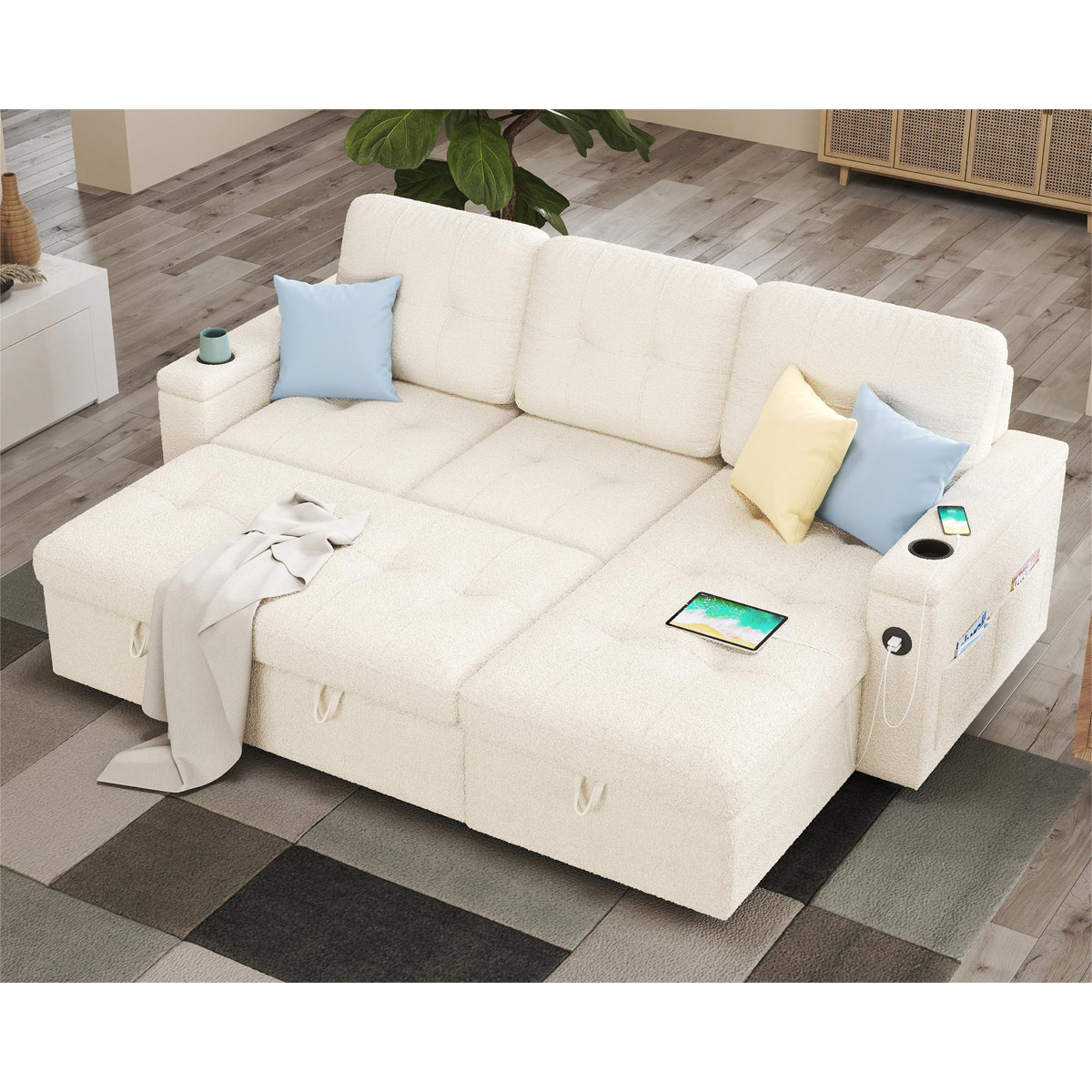Latitude Run® Fido 84 Inch Pull Out Couch, Tufted Sofa Bed With 2 USB ...