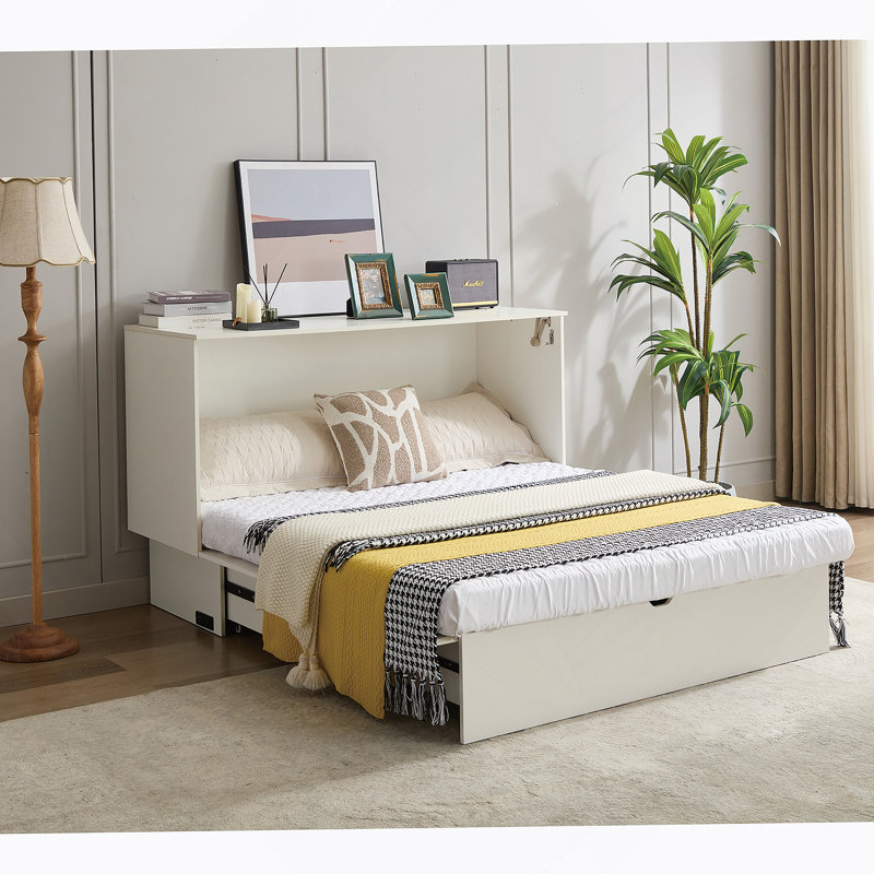 Armoire avec rangement, grand lit, matelas en mousse pliable et tiroirs surdimensionnés, lit escamotable, ensemble de prises et ports USB, lit escamotable pliant peu encombrant, blanc