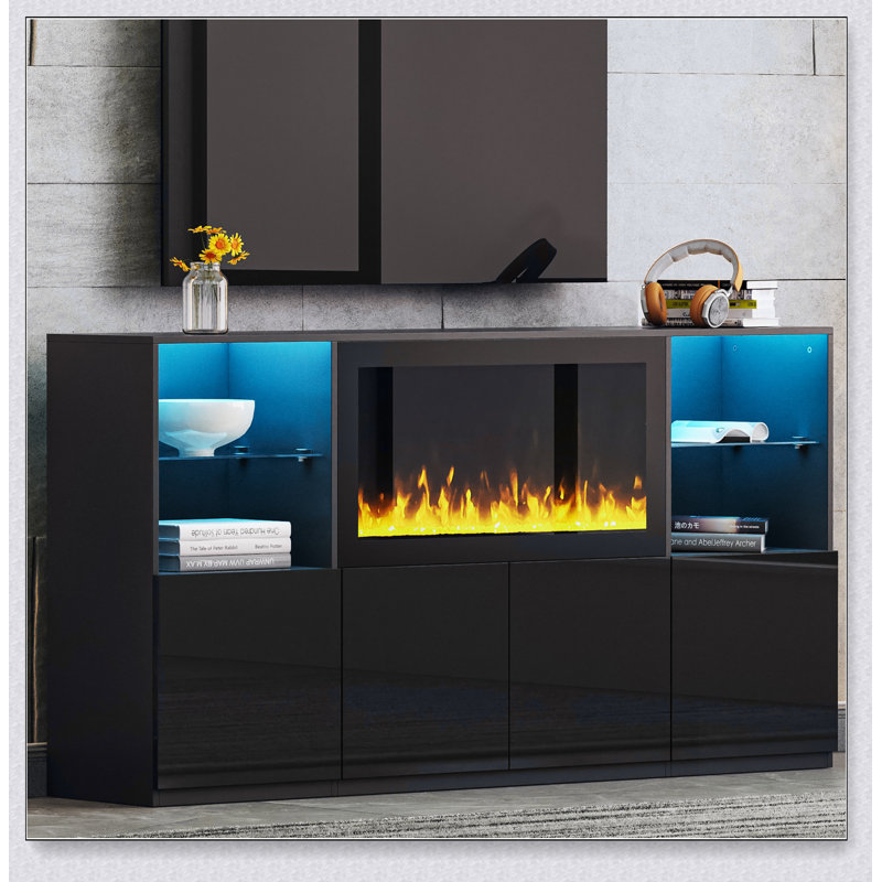 Meuble télé moderne ultrabrillant avec foyer électrique non chauffant de 34,2 po, Noir