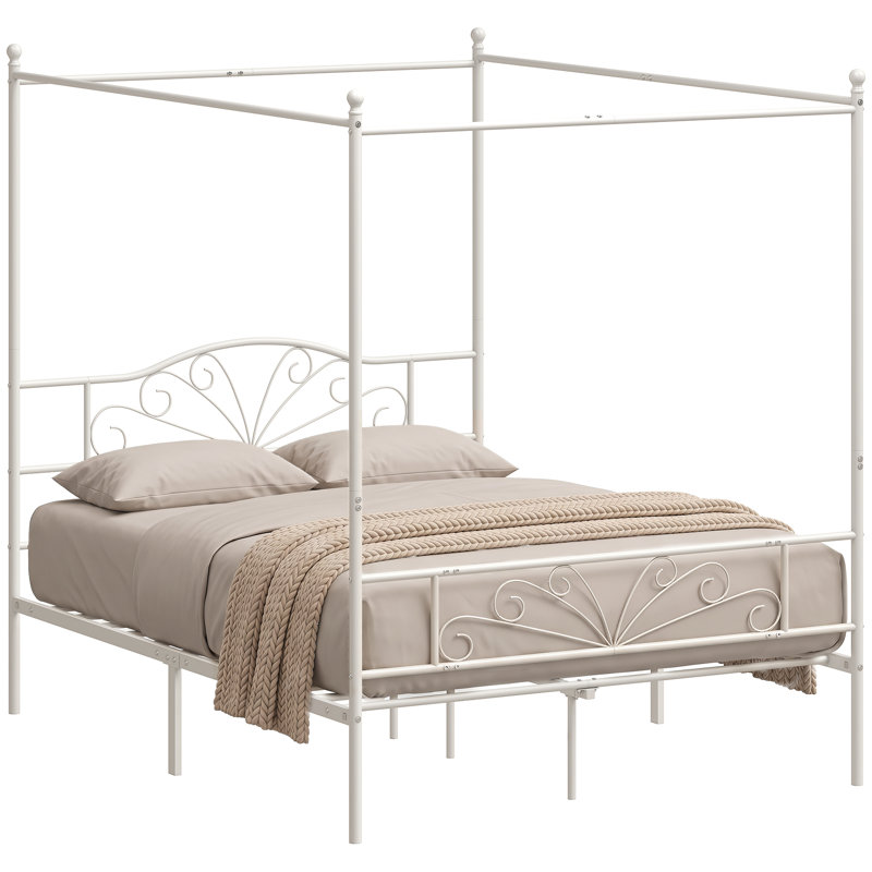 Double (4'6) Steel Four Poster Bed, White