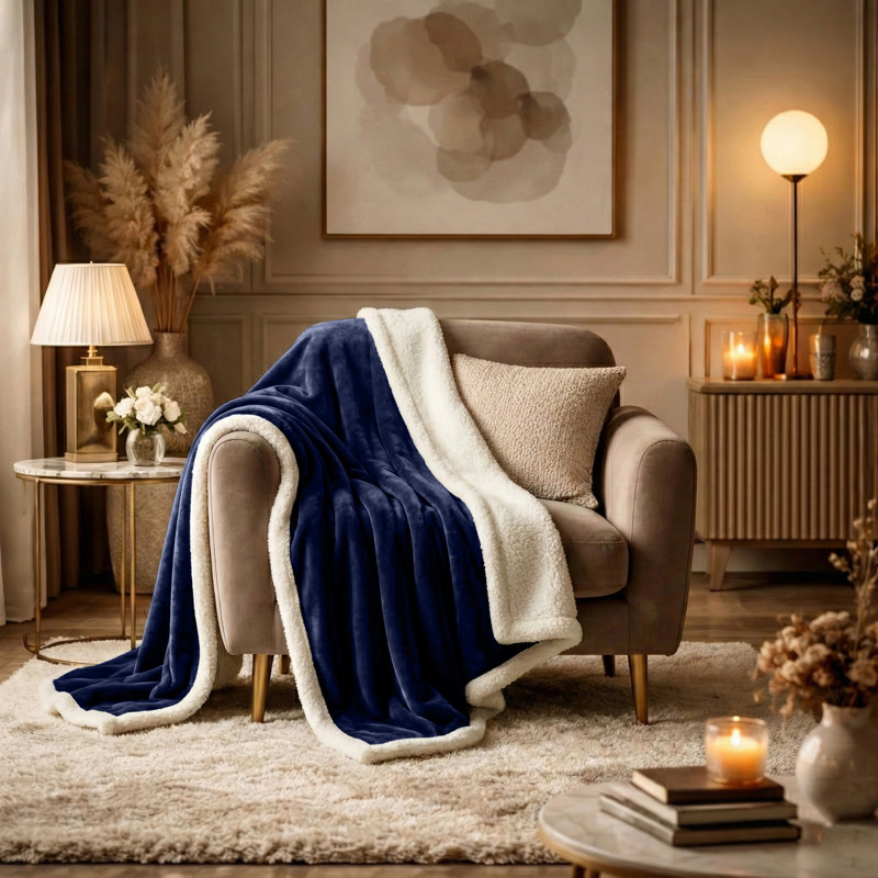 Jeté réversible en molleton Sherpa avec flanelle Microplush douce, jeté toutes saisons pour lit et canapé, Grand lit, Marine