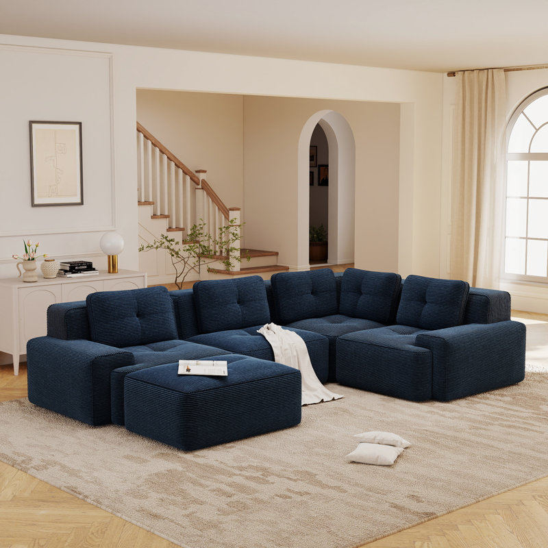 Ensemble de salon modulaire 4 places avec repose-pieds, canapé modulaire en velours côtelé profond, sans assemblage, bleu marine
