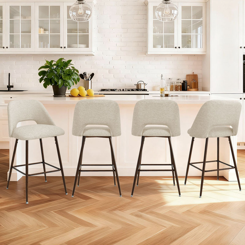 26" Upholstered Counter Height Bar Stools Set Of 4 With Metal Legs, Beige/Polyester