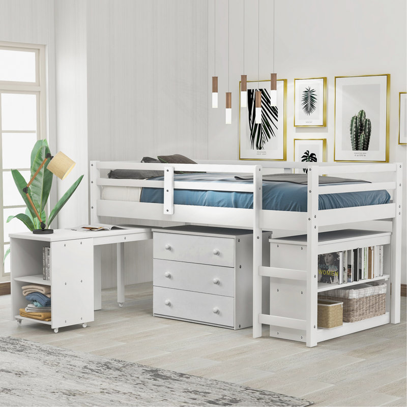 Low Study Twin Loft Bed With Cabinet And Rolling Portable Desk