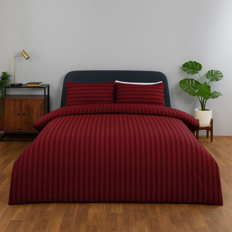 Classic Stripe Microfiber Duvet Set, 4-Piece With Fitted Sheet & Pillowcases, Burgundy Striped