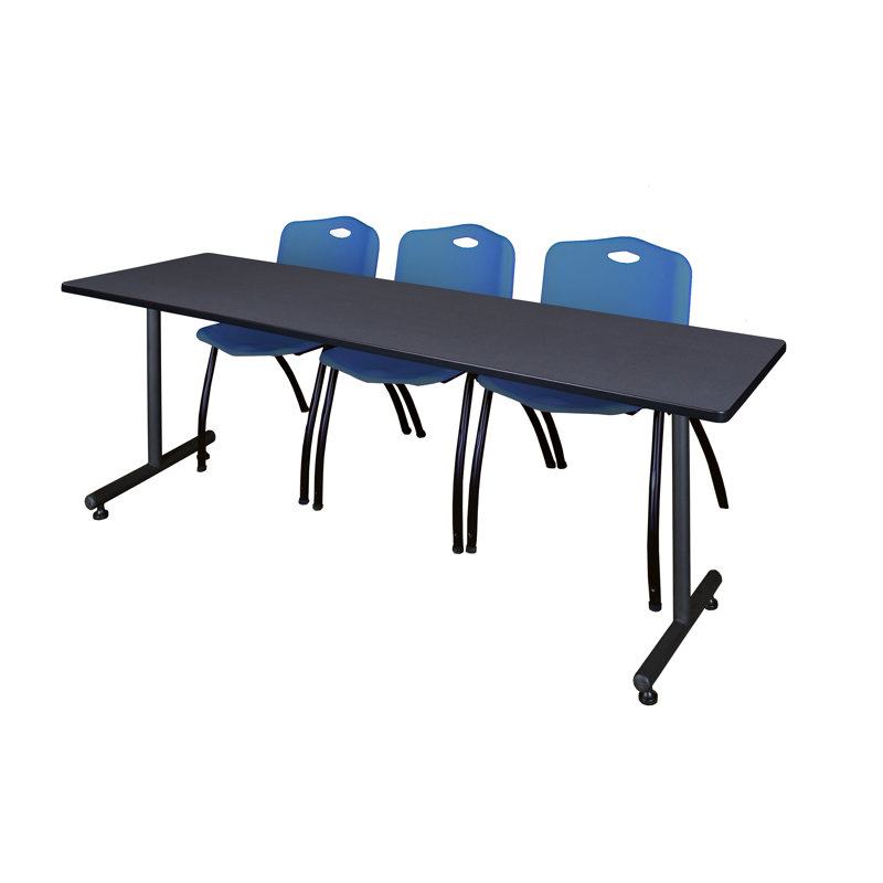 Nicklos T-Base Training Seminar Table, 2 M Stack Chairs, Blue, Gray
