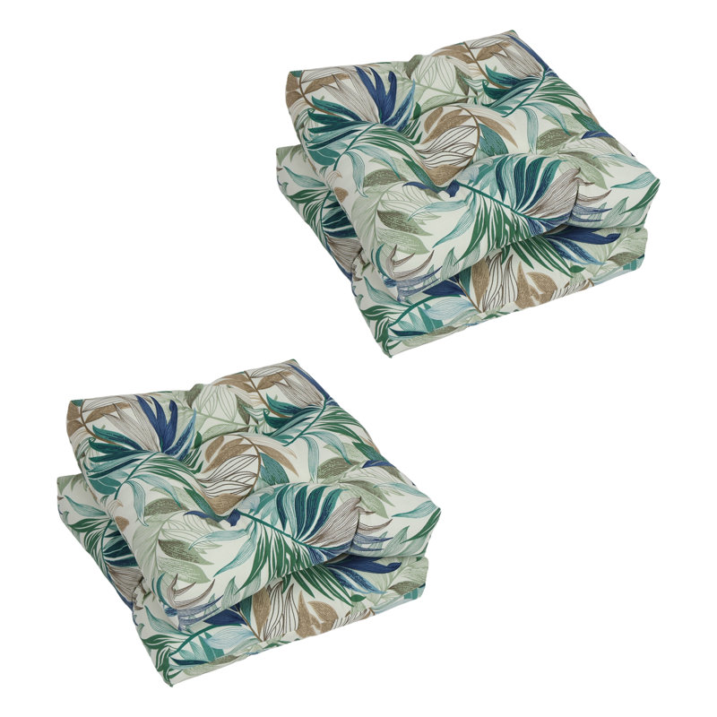 19-Inch Square Outdoor Tufted Dining Chair Cushions (Set Of 4), Tan/Green/Oasis Chambray Floral