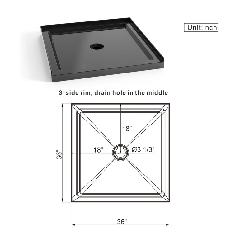 Goodyo 36x36 Inch Black Anti-Slip Acrylic Shower Base - Single Threshold Center Drain Shower Basin for Bathroom Renovation