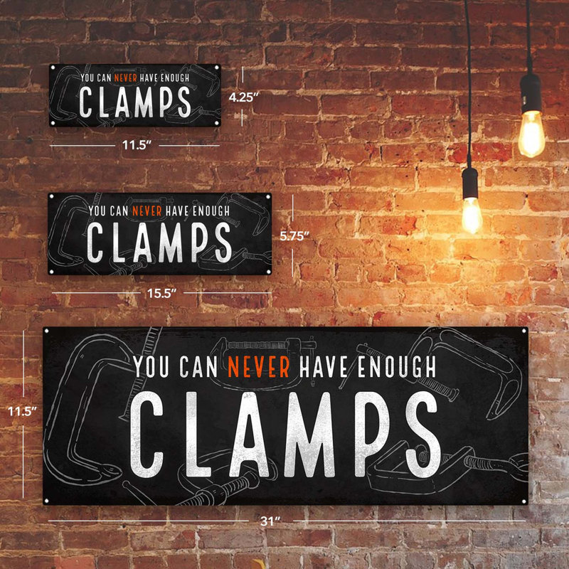 «Never Enough Clamps Metal Sign» sur métal, H 5,75 po x l 15,5 po