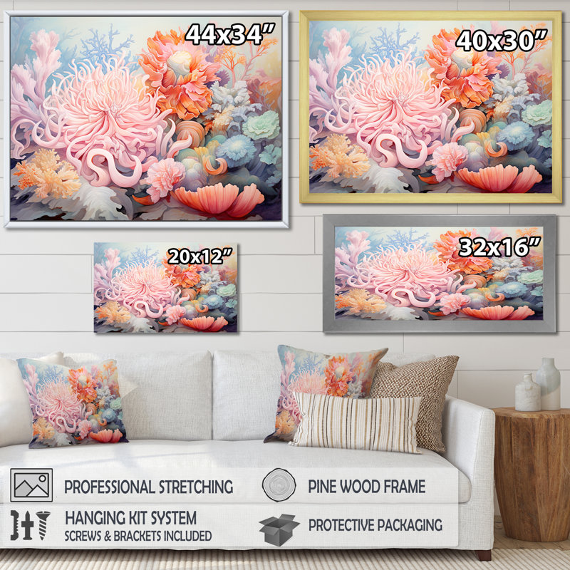 Pink Anemone Symphony, reproduction d'art sur toile, Cadre flottant blanc, H 16 po x l 32 po