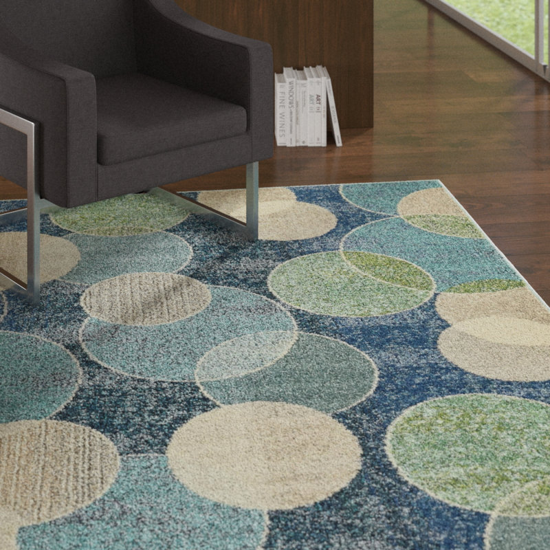 Tapis bleu marine / beige / vert à pois Dews, Rectangle 8 pi x 10 pi