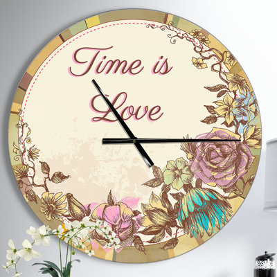 Time is Love Vintage Flower Wreath - Vintage wall clock