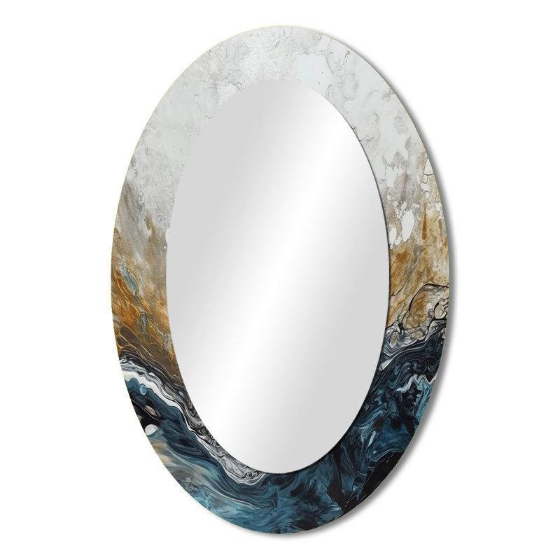 Grey Gold Modern Abstract Contemporary II - Abstract Oval Decorative Mirror On Metal, 36" x 24"