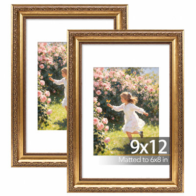 Vintage 9x12 Picture Frame with 6x8 Mat, Elegant Retro 9 by 12 Photo Frame for Wall or Tabletop Display, 2 Pack