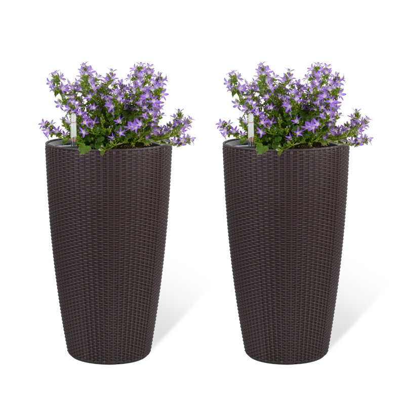 Set Of 2 Self-Watering Planter Box Faux Rattan with Water Level Monitor Brown Planter 12.8"Dx12.8"Wx22.17"H, Brown