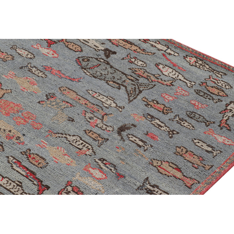 Rug & Kilim’S Mid-Century Rug In Blue With Colorful Fish Pictorials, Rectangle 10' x 14'