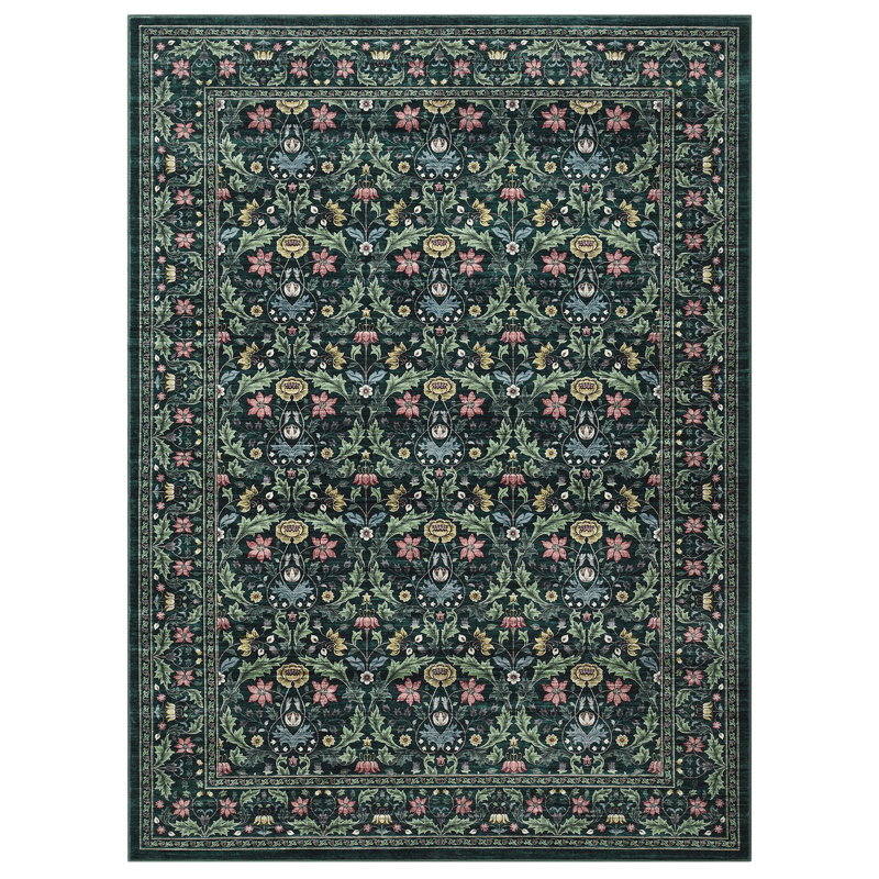 Floral Washable Living Room Rug Non Slip, Low Pile Foldable Printed Mat, Soft Non Shedding Floor Covering, Rectangle 8' x 10'