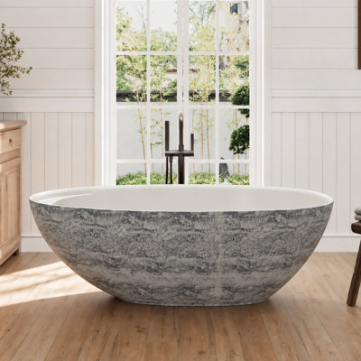 Baignoire autoportante Forma 67 po x 31 po en résine de pierre solide effet travertin avec tablette intérieure intégrée