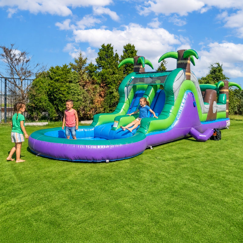 POP JUMP Tropical 28' Inflatable Obstacle Course with Slide, Wet/Dry Backyard Race Course with Blower