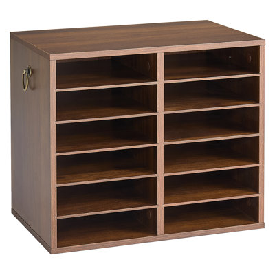 Organiseur de documents en bois à 12 compartiments, couleur brun, avec étagères réglables, idéal pour le bureau, la maison ou la salle de classe.