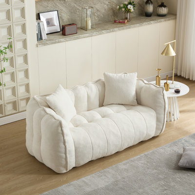Pouf géant beige en chenille de 168 cm - Canapé deux places avec coussins, canapé en mousse confortable