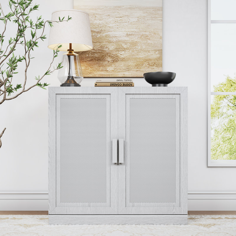 Armoire d'appoint en bois massif avec portes en rotin Caleb, Blanc, H 31 po x l 31 po x P 16 po