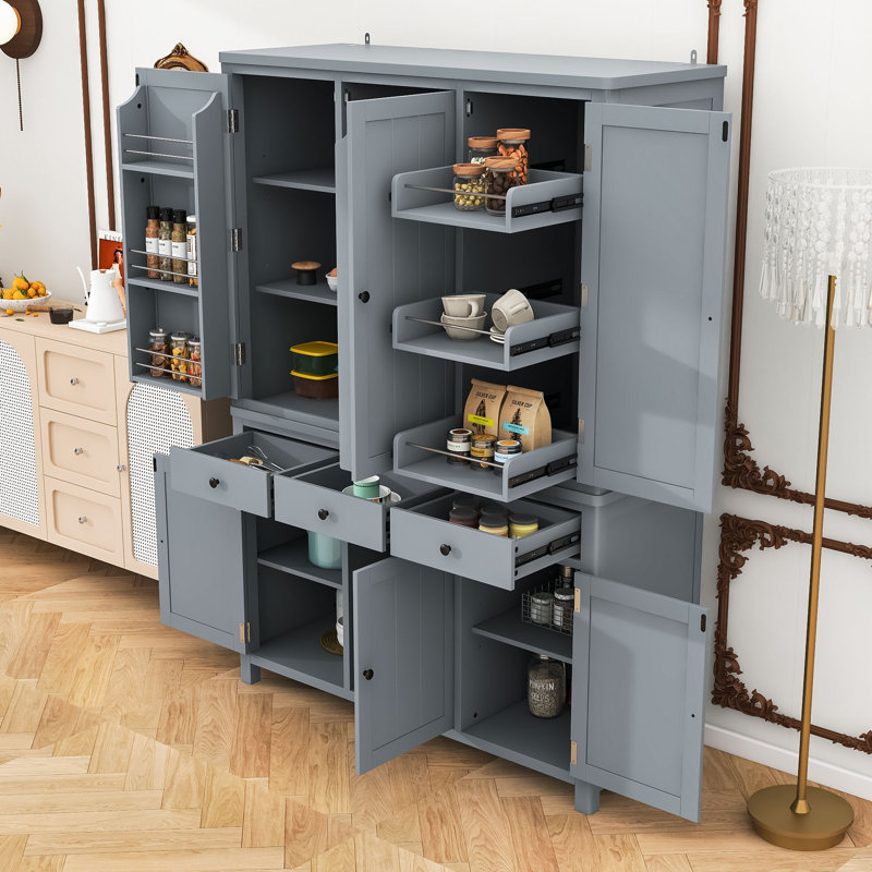 Garde-manger de 75 po de hauteur avec 6 portes, 3 tiroirs, 7 tablettes réglables et plateaux coulissants, Gris