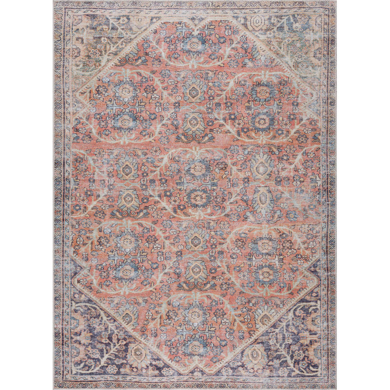 Tapis oriental rectangulaire en polyester tissé à la machine en terre cuite, Rectangle 7 pi 10 po x 10 pi 2 po