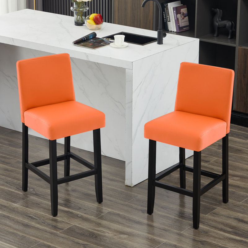 Tabouret de bar rembourré avec structure en bois massif, 2, Orange / similicuir
