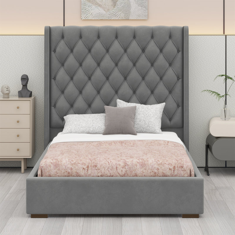 Tall Headboard Upholstered Bed With Handmade Deep Button Tufted, Queen