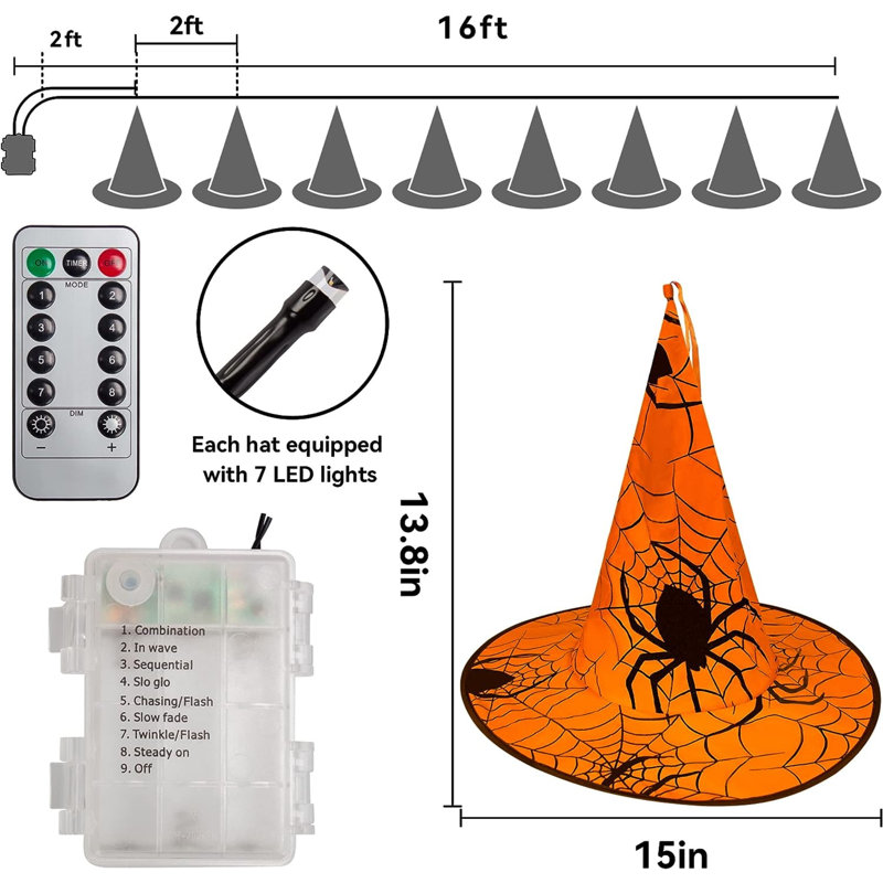 Chapeaux de sorcière suspendus illuminés d'Halloween 8 pièces, télécommande avec 8 modes d'éclairage illuminant les guirlandes d'Halloween de 14 pi