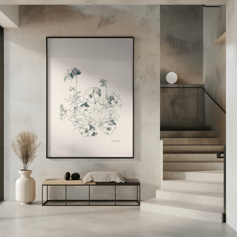 "Pansies praying dessin", art mural texturé encadré, Noir, H 40 po x l 30 po