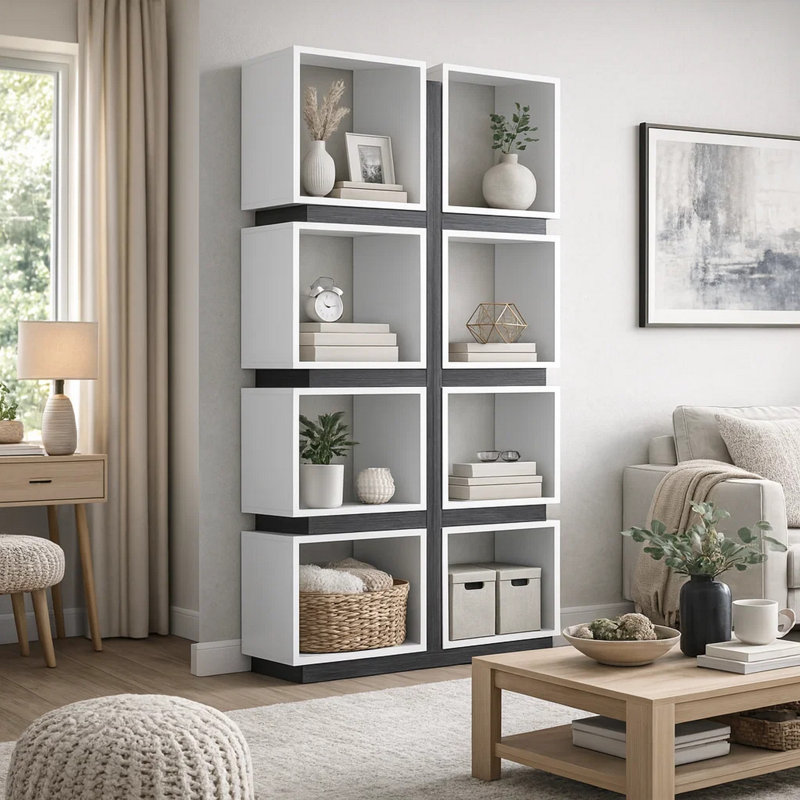 Mony 71 Inch Bookshelf, 8 Square Cube Shelves, Plinth Base, White Gray