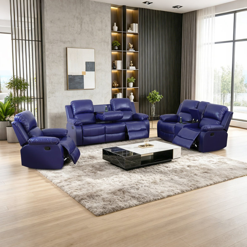 3 Piece Vegan Leather Manual Reclining Living Room Sofa Set, Blue Faux Leather