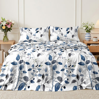 Ensemble de draps fleuris bleus 4 pièces, taille king, drap-housse fleuri avec taies d'oreiller, ensemble de literie nature fraîche