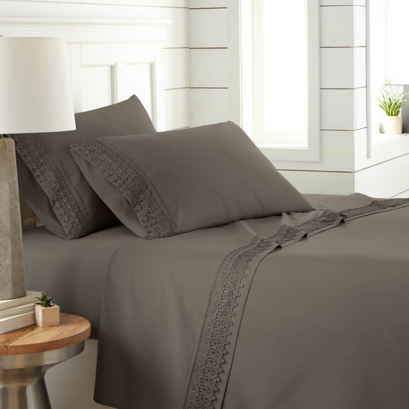 Jaquil Extra Deep Pocket Microfiber Sheet Set with Lace Hem, Full, Dark Taupe