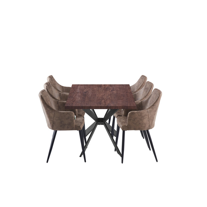 Eatonton 6 Person Dining set - a Rectangular Wooden Dining Table with Metal Legs and a Set of 6 Faux Leather Dining Chairs for Dining Room - Modern Dining Table Set