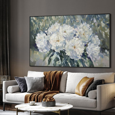 Extra Large Wall Art Fabric Print - White Peony Bouquet in Impressionist Style Artwork Decor for Living Room or Bedroom - "Frame Assembly Required (Unfinished Frame)"