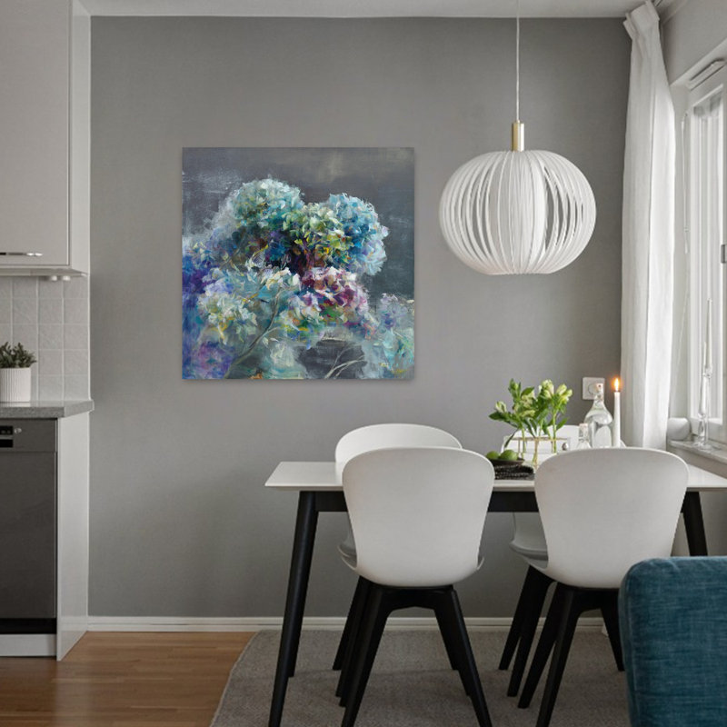 Art contemporain contemporain d'hortensia abstrait avec fleurs bleues, H 32 po x l 32 po