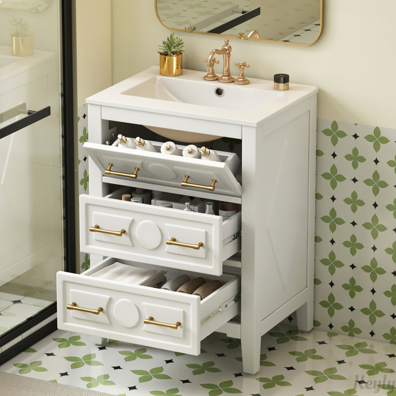 Meuble-lavabo 24 po avec lavabo en céramique, rangement à 3 tiroirs, structure en bois massif, finition blanche pour les salles de bain modernes