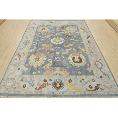 Tapis gris / bleu en laine noué à la main de conception unique 7 pi 11 po x 9 pi 11 po
