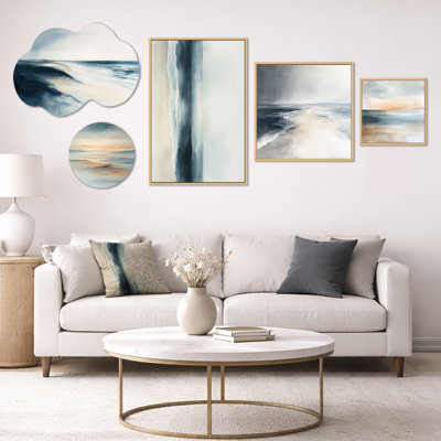 Ensemble de 5 pièces d'art mural, toile et métal Calm Ocean Horizon Waves Beauty - Large Blue Coastal (100 po x 40 po)