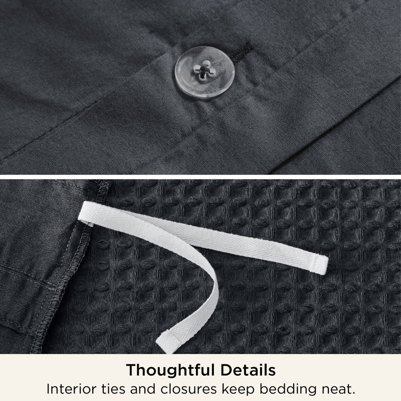 Essential Collection 100% Cotton Waffle Weave Duvet Cover Set, Charcoal, Oversized King Duvet Cover + 2 King Shams