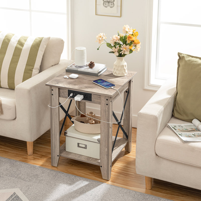 Alonso 23.6'' Tall End Table with Charging Station Gray Top/Gray Base