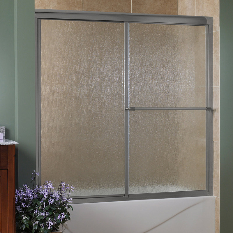 Porte de baignoire coulissante simple avec cadre de l 56 po x H 58 po Chase, Verre de pluie, Argent