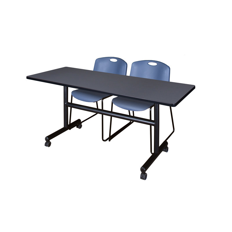 Kobe Flip-Top Training Nesting Table, 2 Zeng Stack Chairs, 29" H x 60" W x 24" D, Grey/Blue