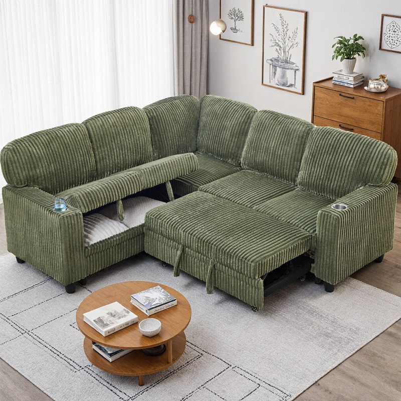 5-Seater L-Shaped Sectional Sleeper Sofa Bed with Storage & USB Charging, Pull-Out Convertible Corduroy Couch for Living Room & Apartment, Multi-Functional 2-in-1 Design