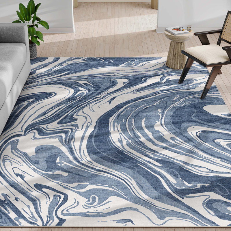  Tapis bleu abstrait à tissage plat Abstract Harmony, Rectangle 7 pi 7 po x 9 pi 10 po