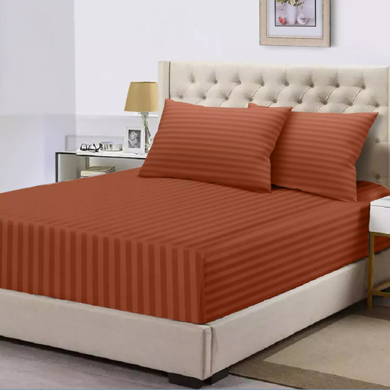 Spevek Soft & Cozy 40cm Extra Deep Pocket Microfiber Striped Fitted Sheet, Super King (180 x 200 cm), Rust
