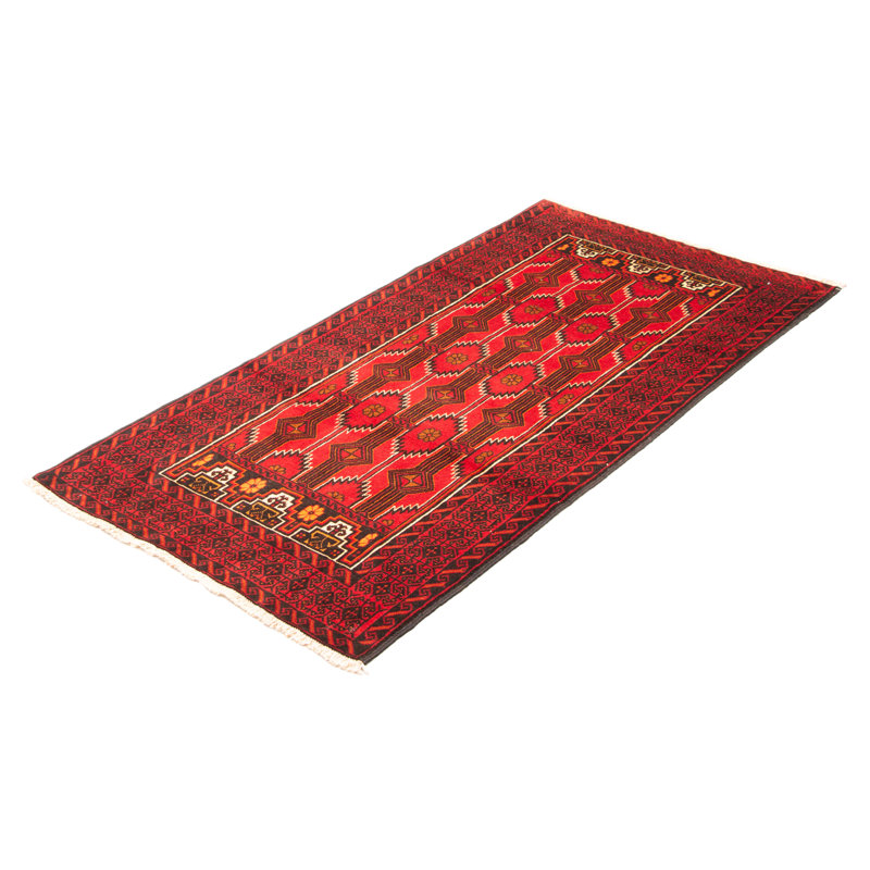 Tapis rouge en laine noué à la main de conception unique 3 pi 9 po x 7 pi 9 po One Age of a Kind Kind